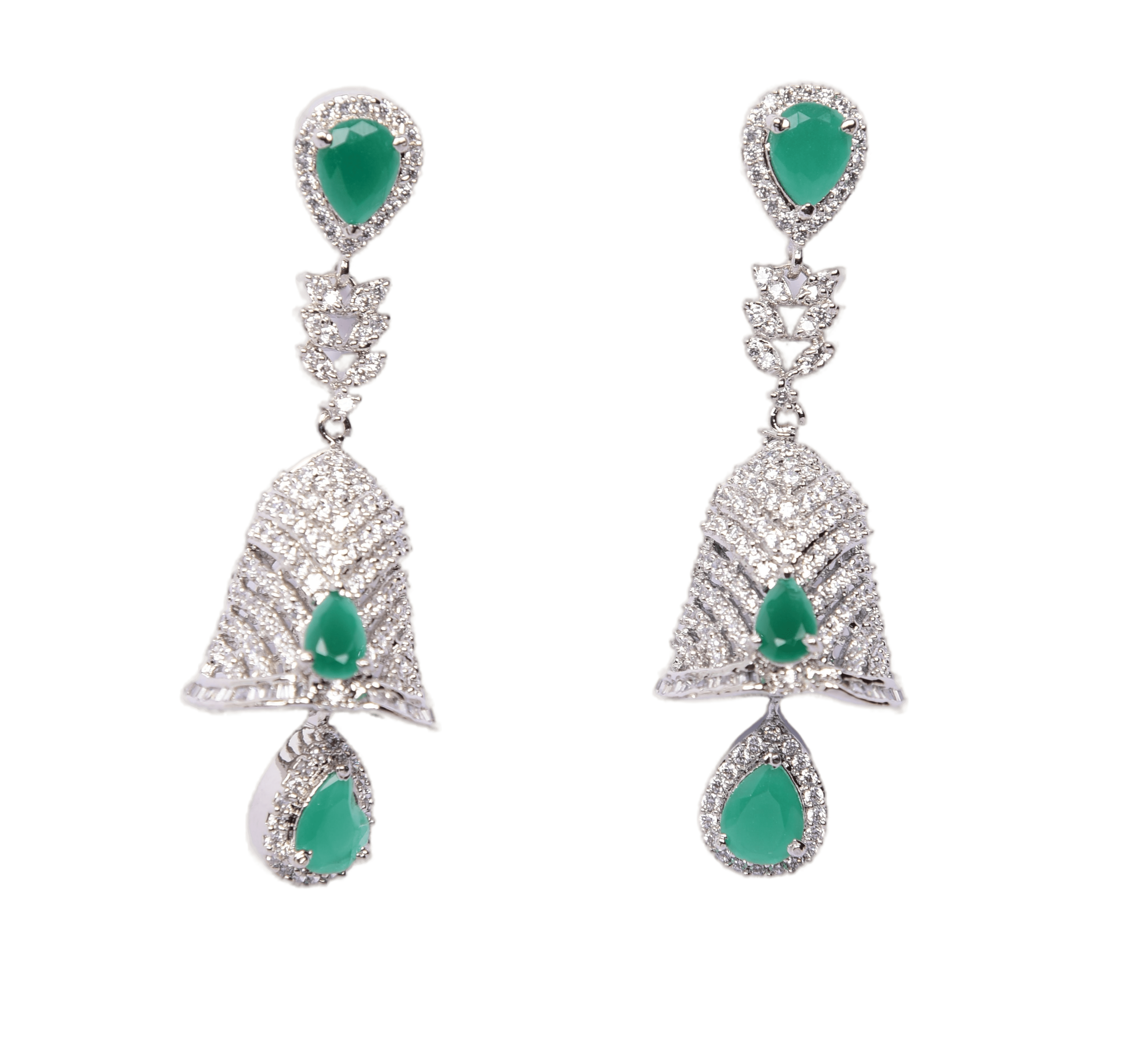 Namokriti Stunning Bell Shaped crafted Rhodium plated Modern Jhumka earring ,Geometric Leaf Pattern adorned with sparkling American Diamond green stones studded for Womens and Girls